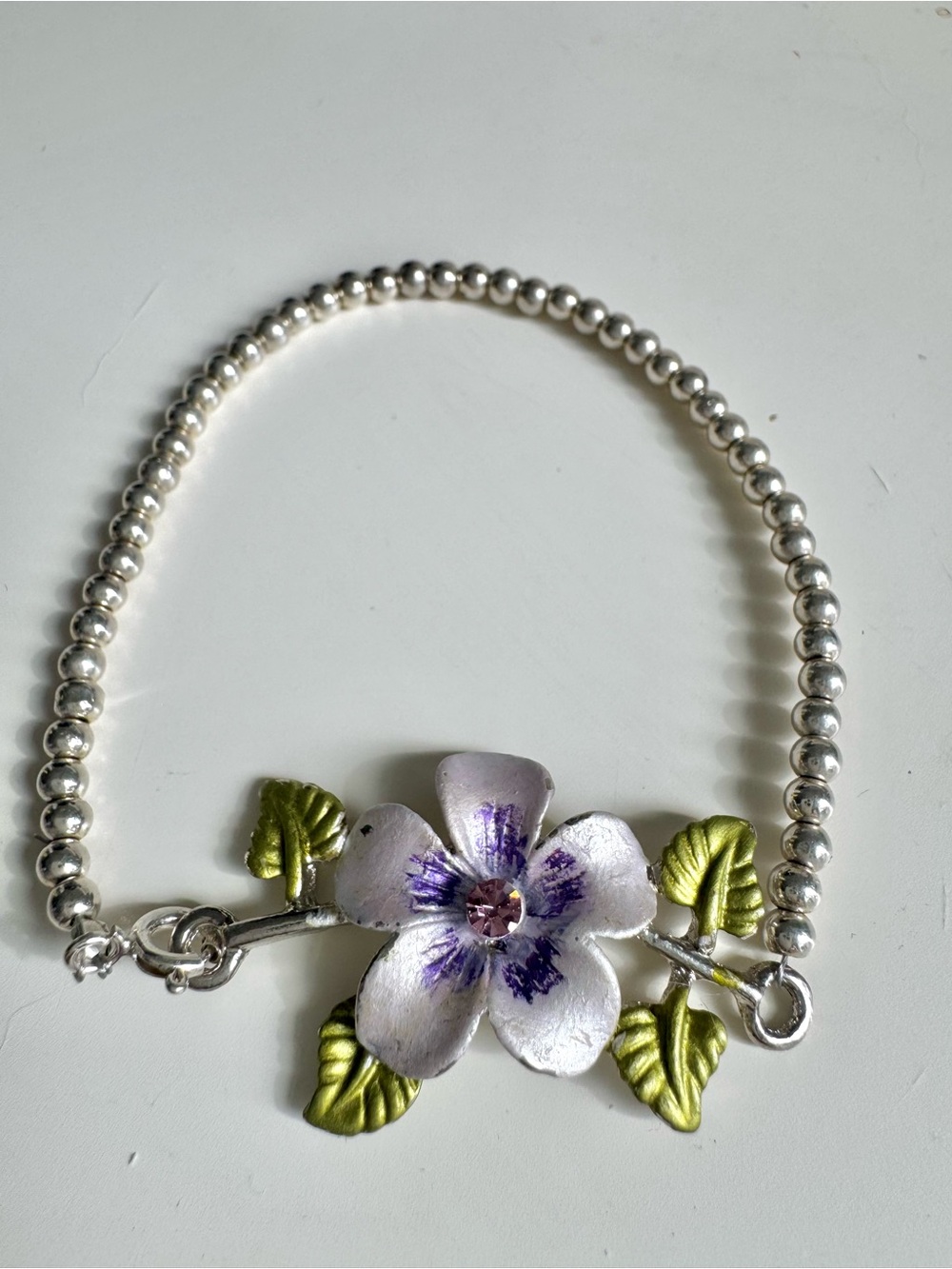 Silver Beaded Bracelet with Purple Floral Accent
